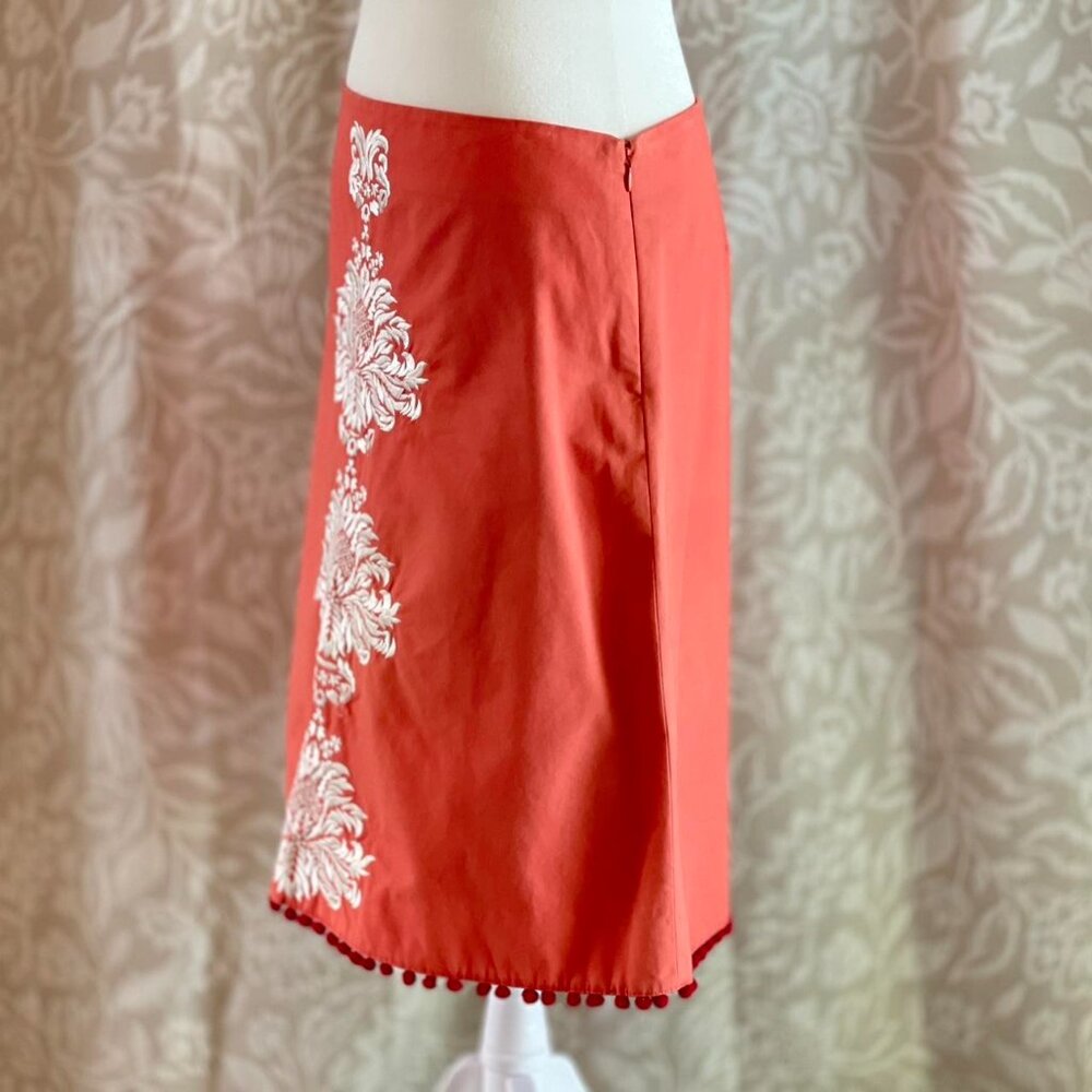 Vintage Y2K Anthropologie Elevenses Embroidered Cotton Skirt Coral A-Line Size 6 - Picture 5 of 8